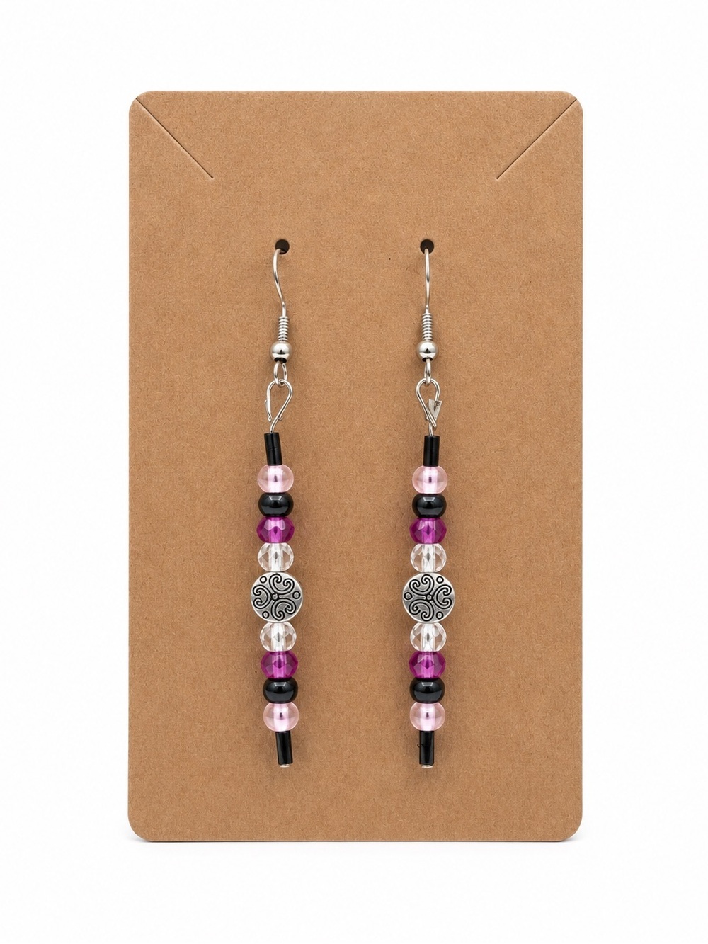 Boho Artisan Pink Purple Beaded Dangle Earrings Silver Fish Hook Boho Boutique